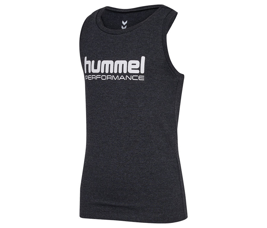 Dunkelgraues HUMMEL HMLJR Top mit weißem Logo auf der Brust.