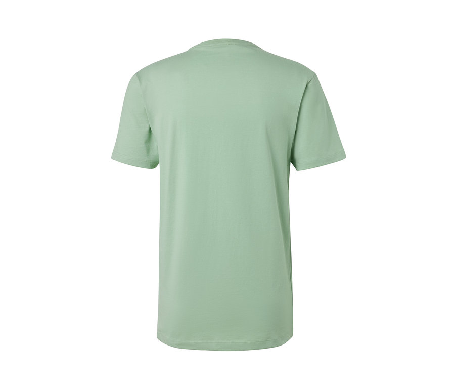 Rückseite eines hellgrünen T-Shirts mit Rundhalsausschnitt, das Teil eines 3er-Sets ist.