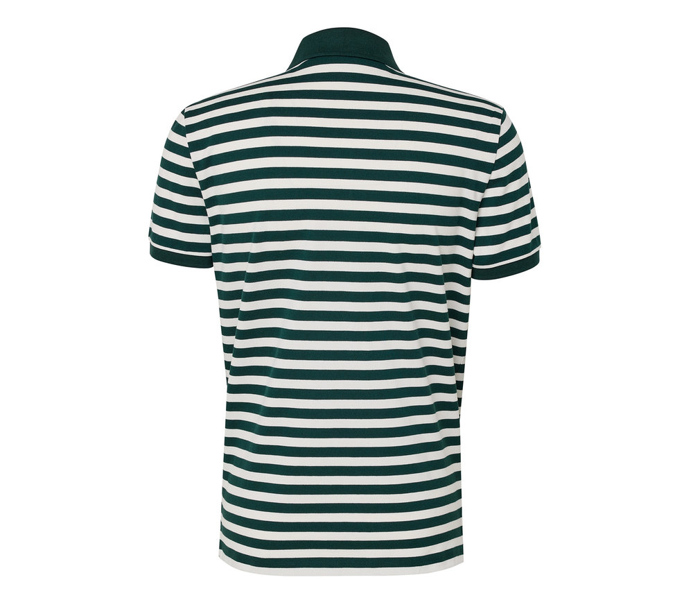 Rückansicht eines Piqué-Poloshirts mit grün-weißen horizontalen Streifen.