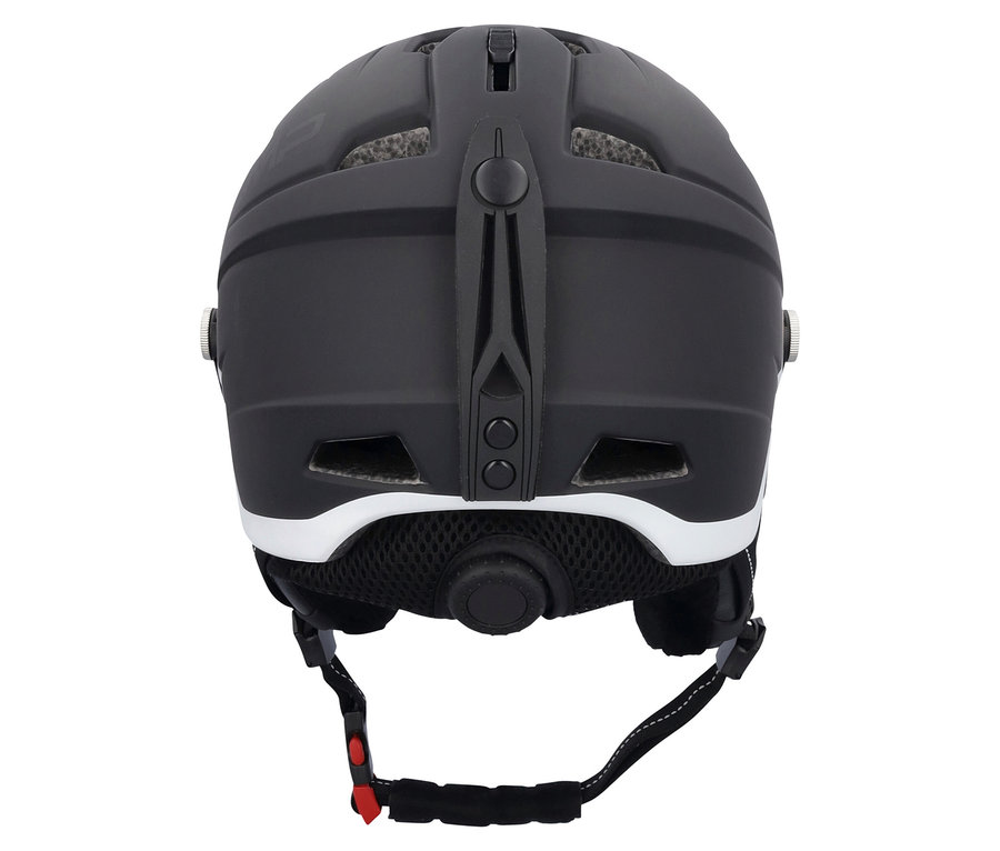 Rückansicht eines mattschwarzen Helms mit weißem Rand und schwarzem Riemen.