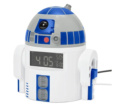 R2-D2 Wecker zeigt die Zeit 4:05 und das Datum 5/8.