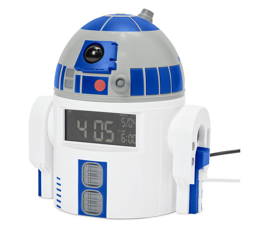 R2-D2 Wecker zeigt die Zeit 4:05 und das Datum 5/8.