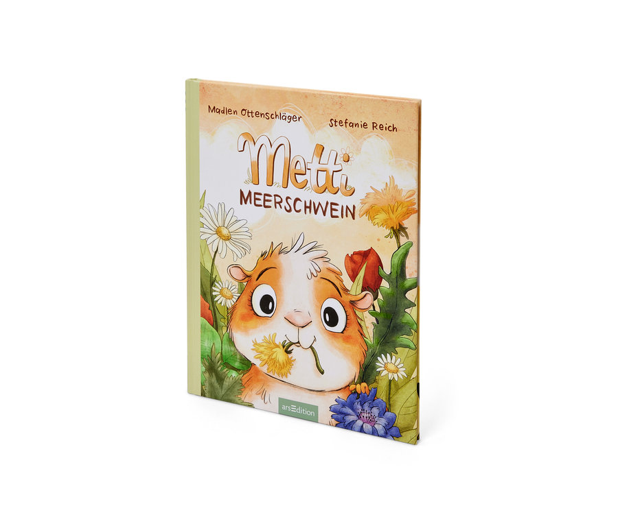 Das Cover des Buchs »Metti Meerschwein« zeigt eine Illustration eines Meerschweinchens, das einen Löwenzahn im Maul hält.