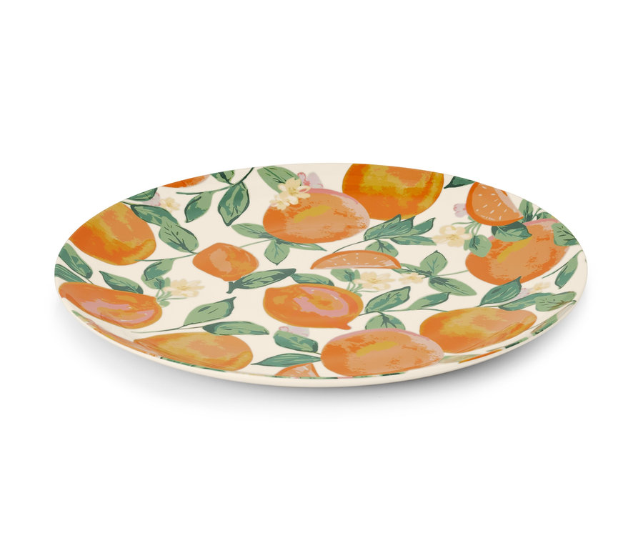 Ovaler Servierteller mit Orangen- und Blättermuster.