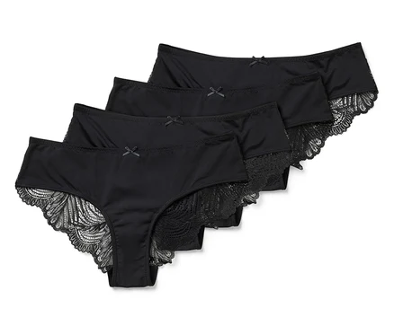 Vier schwarze Brazilslips mit Spitze.