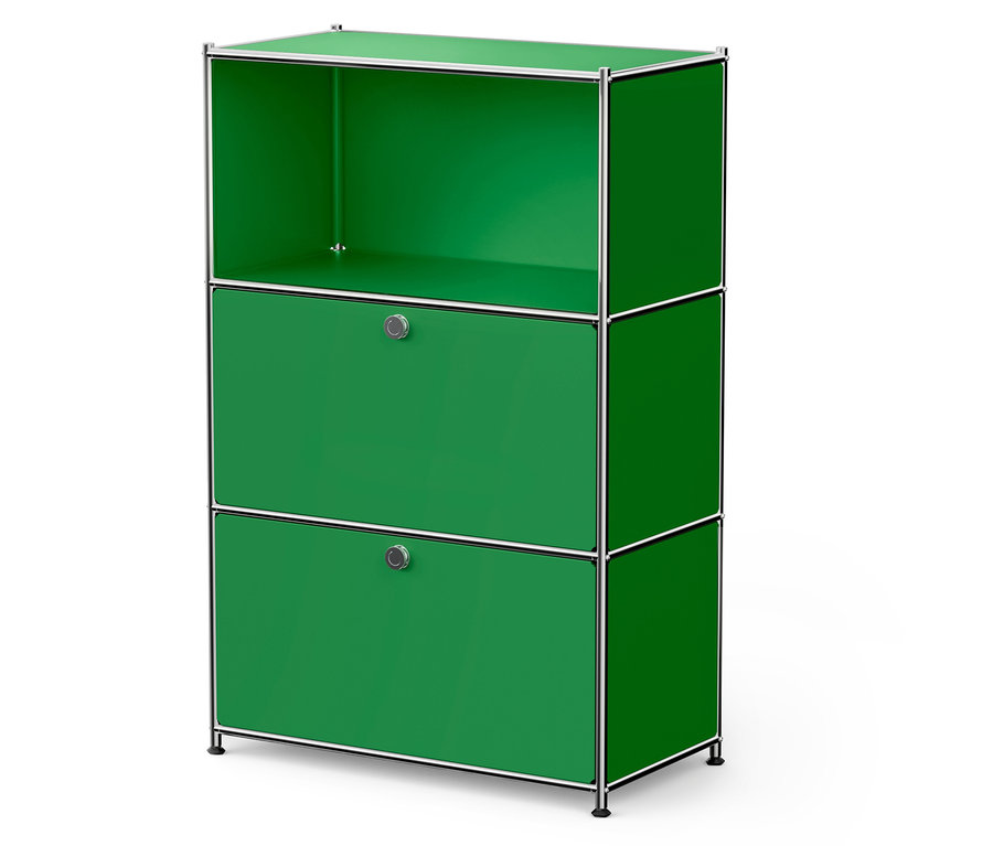 Grüner modularer Schrank mit zwei Schubladen und offenem oberen Regal.