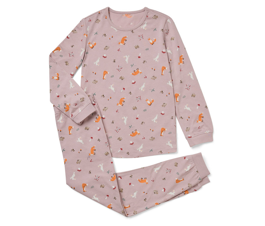 Rosa Pyjama mit Fuchs-, Hasen-, Pilz- und Blätterdruck.