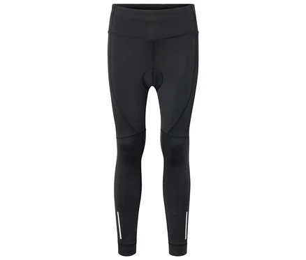 Schwarze Radlerhose mit hohem Bund und reflektierenden Details.