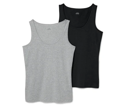 Zwei Tanktops, eines grau und eines schwarz.
