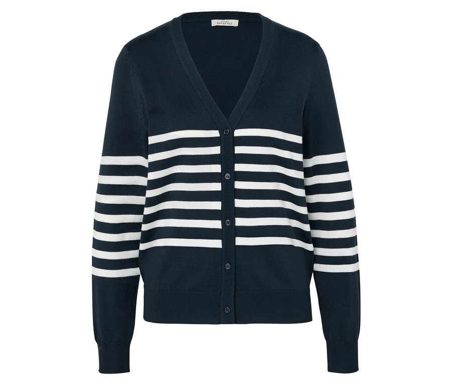 Marineblauer Strickcardigan mit weißen Streifen.