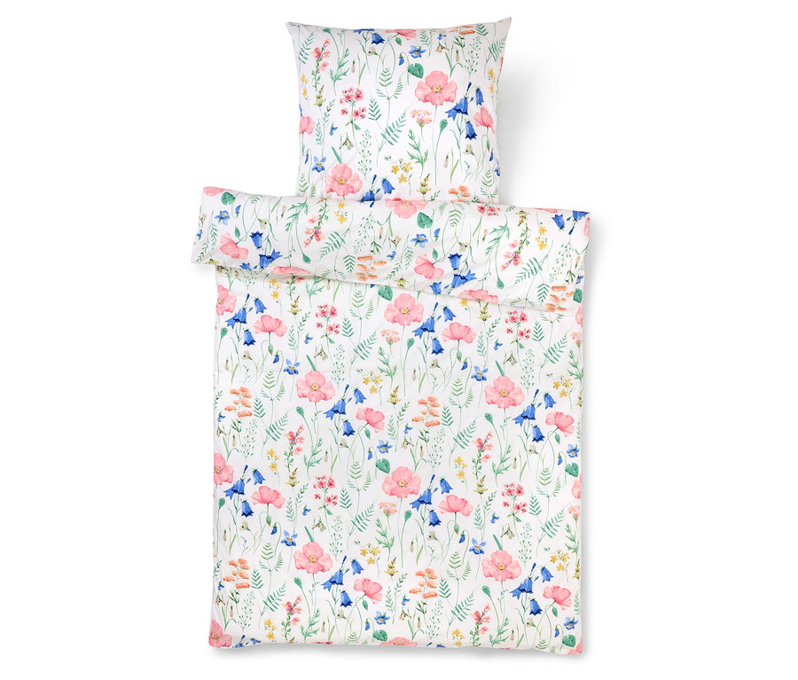 Blumige Bettwäsche mit Mohnblumen- und Glockenblumenmuster.