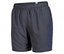 Dunkelgraue Badeshorts mit blauem Arena-Logo auf dem rechten Bein.