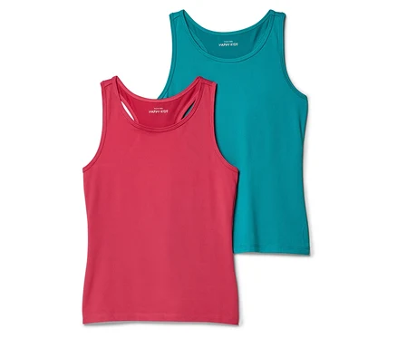 Zwei Tanktops liegen übereinander, eines ist pink und das andere blaugrün.
