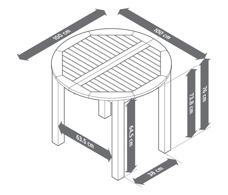 Skizze eines runden, ovalen, ausziehbaren Gartentisches, ca. 100 bis 150 cm, mit Maßangaben.