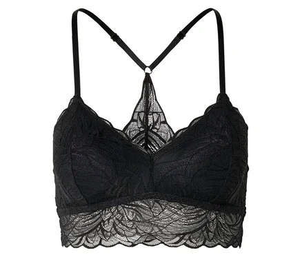 Schwarzer Spitzen-BH mit schmalen Trägern und Racerback-Design vor einem weißen Hintergrund.