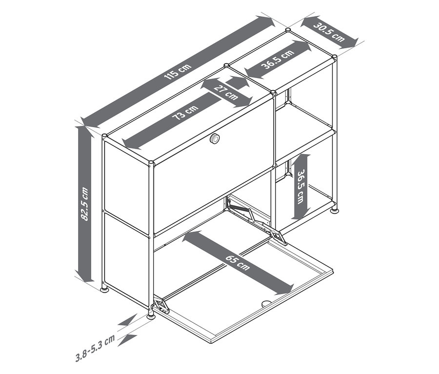 Draufsicht eines Schranks mit den Maßen 82,5 cm Höhe, 115 cm Länge und 30,5 cm Breite.