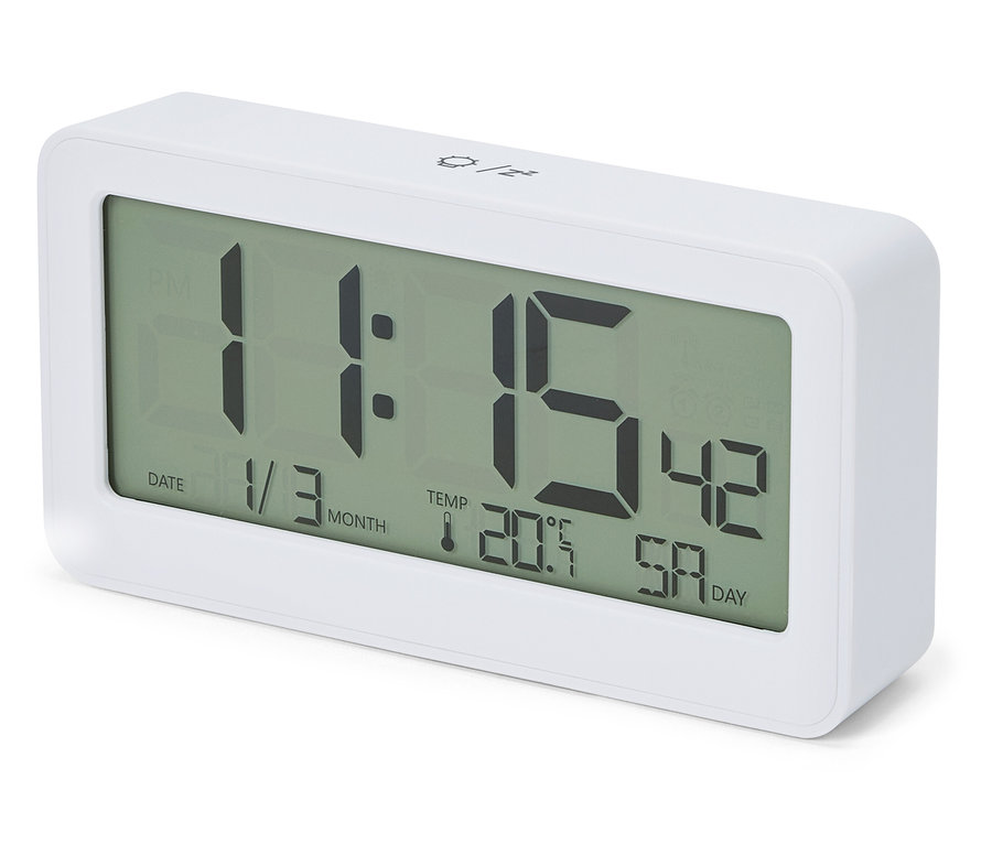 Weißer LCD-Funkwecker mit digitaler Anzeige von 11:15 Uhr, Datum 1/3 und Temperatur 20,5°C.