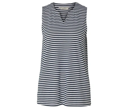Ärmelloses Shirt mit horizontalen dunkelblauen und weißen Streifen.