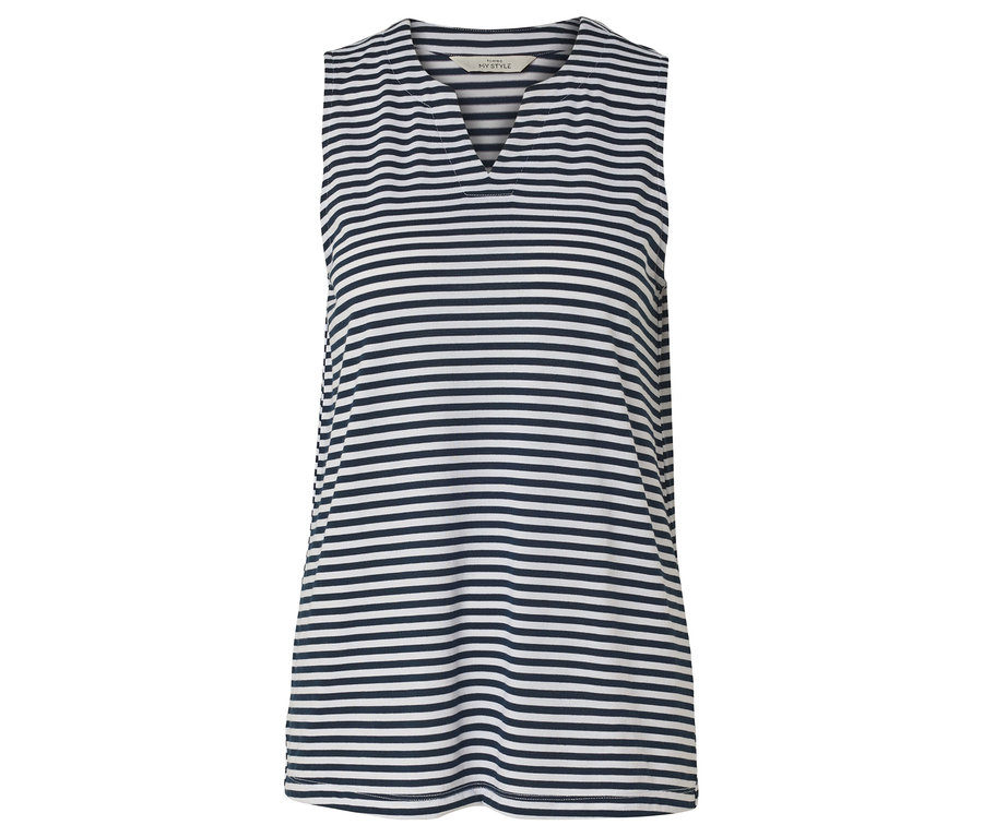 Ärmelloses Shirt mit horizontalen dunkelblauen und weißen Streifen.