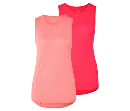 Zwei ärmellose Damenoberteile, eins in Rosa und eins in Pink, liegen nebeneinander.