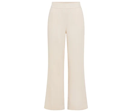 Beige, ausgestellte Hose mit elastischem Bund.
