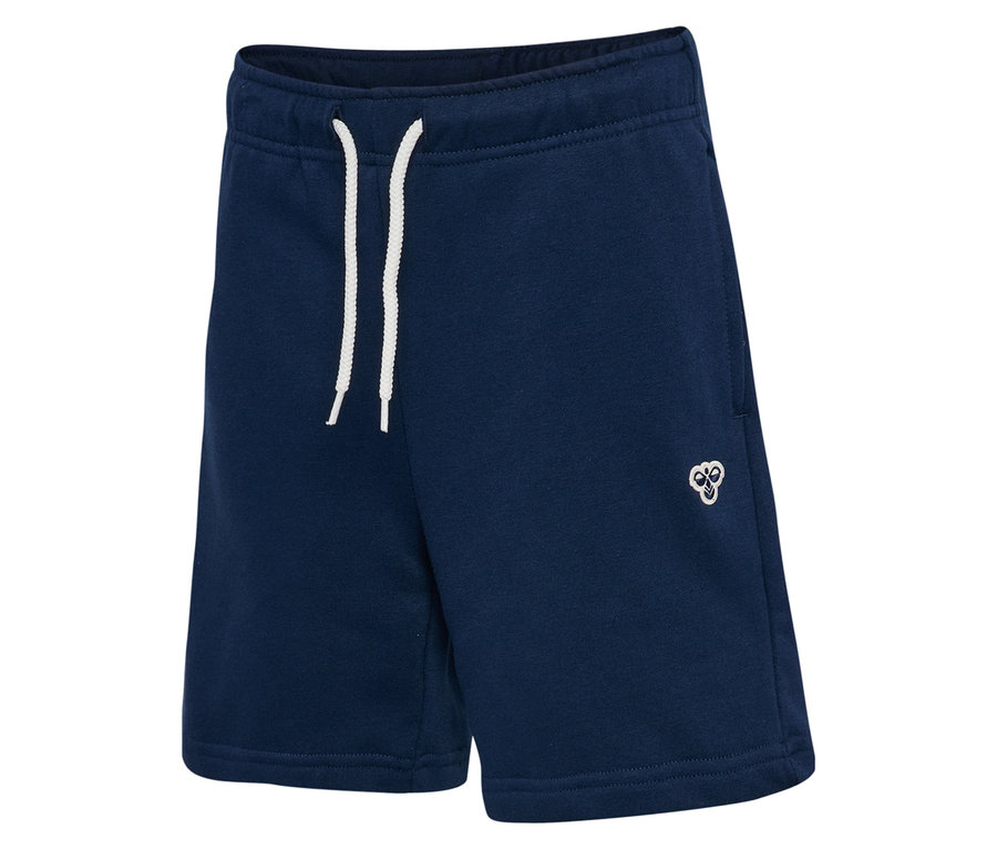 Blaue hummel® HMLJR Loose Sweatshorts mit weißem Kordelzug und Logo.