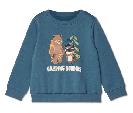 Blauer Pullover mit Bär mit Rucksack, Waschbär mit Sonnenbrille und "Camping Buddies" Aufdruck.
