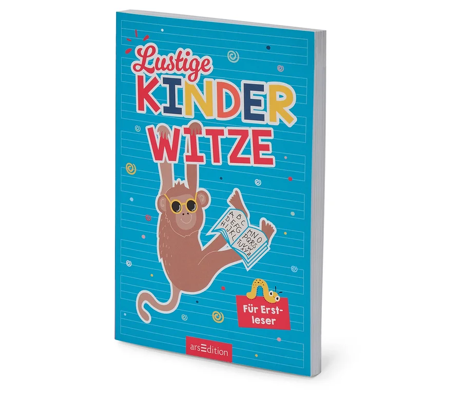 Buchcover „Lustige Kinderwitze“: Affe mit Brille liest ABC. Text „Für Erstleser“ unten rechts.