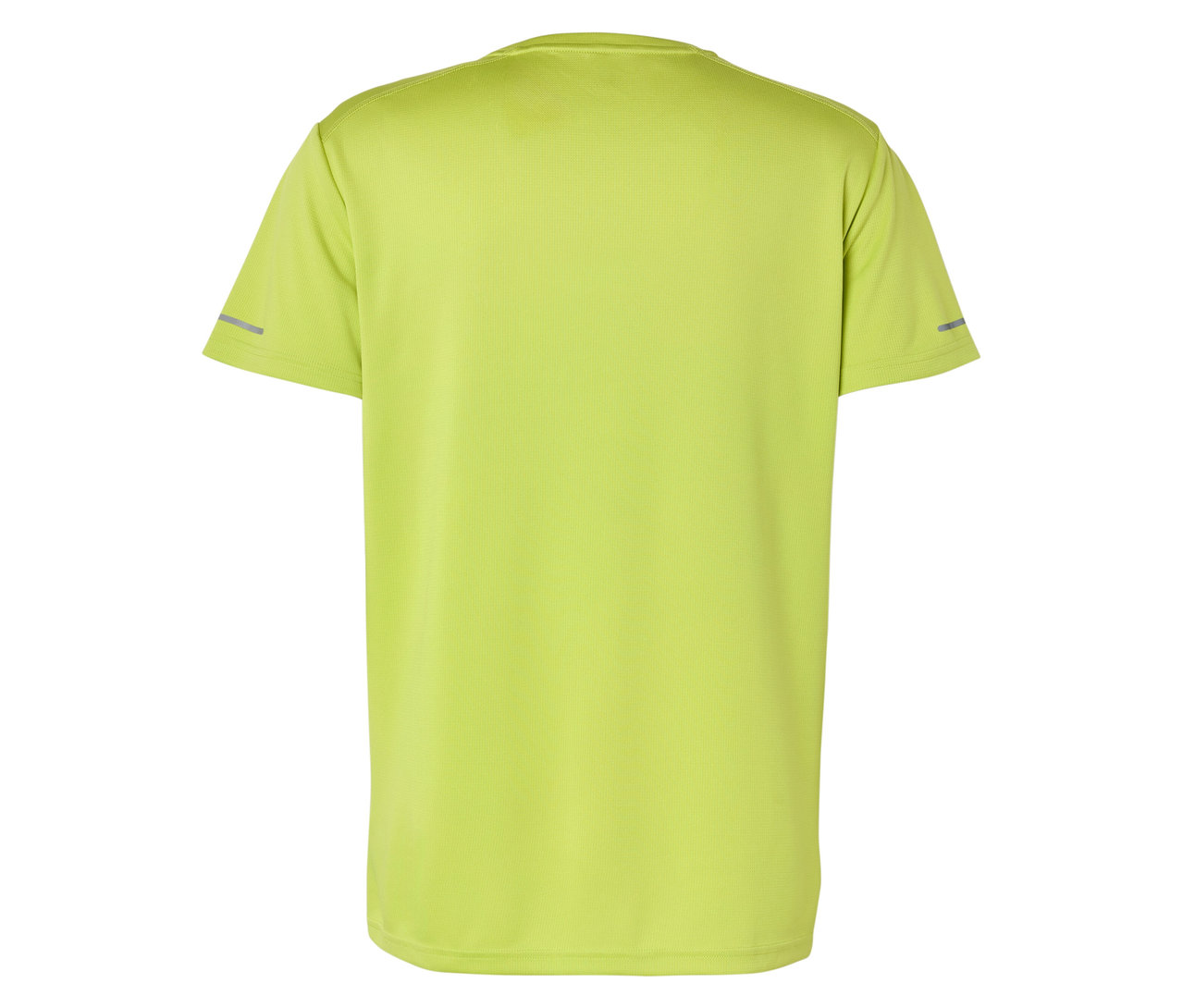 Rückansicht eines hellgrünen Kurzarmshirts mit reflektierenden Streifen an den Ärmeln.