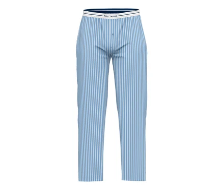 Hellblaue Tom Tailor lange Pyjama-Hose »Dakota« mit weißen Längsstreifen, weißem Bund und Knopfverschluss.