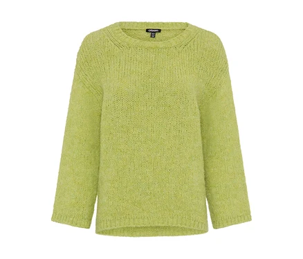 Hellgrüner, locker geschnittener Olsen Strickpullover mit Rundhalsausschnitt und langen Ärmeln, aus leicht flauschigem Garn.