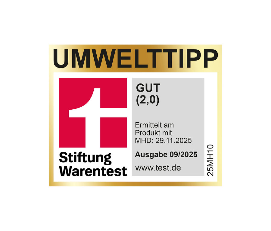 Logo von "Stiftung Warentest" mit dem Hinweis "Umwelttipp". Das Produkt earlybird - Bio Lungo - 10 Kapseln - 10 Kapseln hat das Testurteil "Gut (2,0)" erhalten.