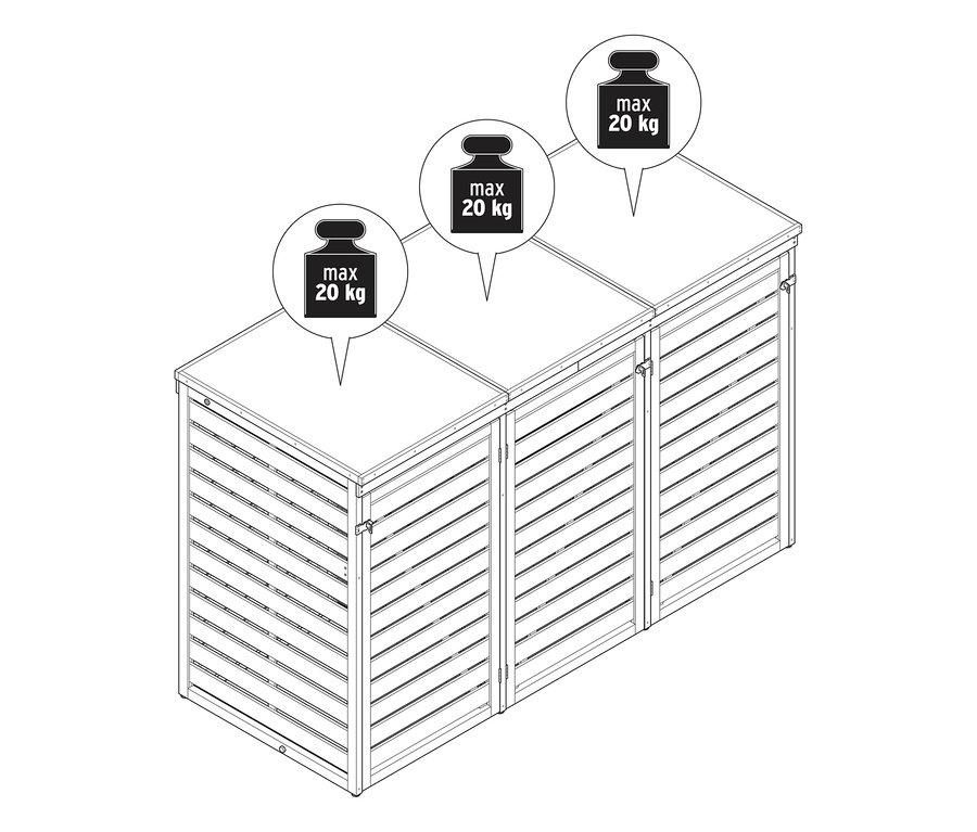 Strichzeichnung von drei identischen nebeneinander stehenden Aufbewahrungsboxen mit Lamellentüren und flachen Oberseiten. Über jeder Box ist ein Symbol für eine maximale Traglast von 20 kg abgebildet.