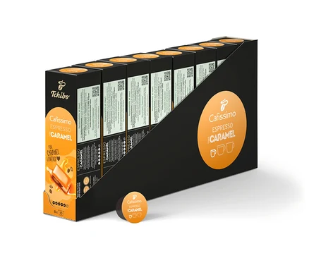 Eine Packung Cafissimo Espresso Caramel, 80 Kapseln in einer schwarz-weißen Verpackung.