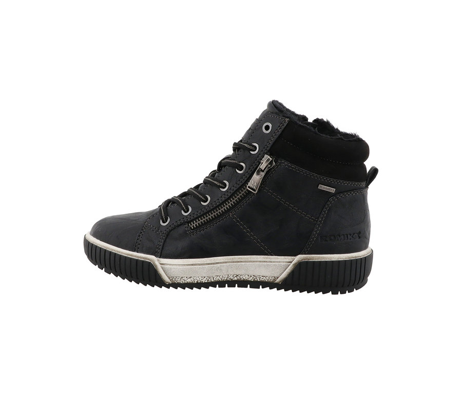 Dunkelgrauer Romika Schnürschuh als High-Top mit seitlichem Reißverschluss und flauschigem Kragen.