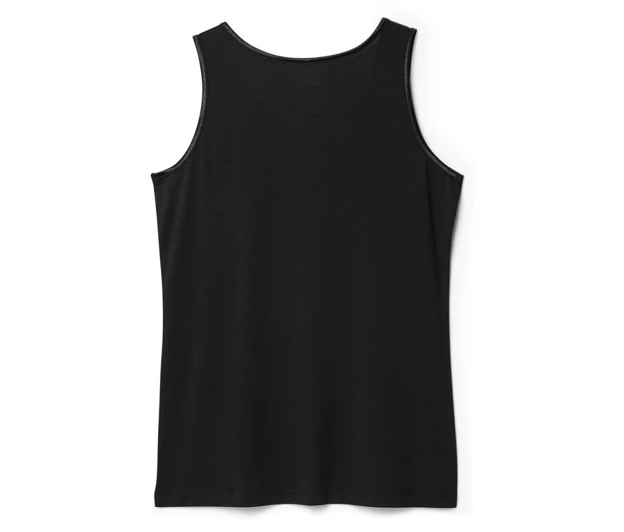 Schwarzes ärmelloses Tanktop, Rückansicht, mit Rundhalsausschnitt und schmaler Borte an den Rändern.