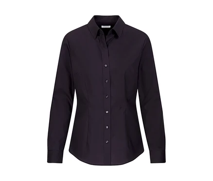 Schwarze, taillierte Seidensticker Hemdbluse mit langen Ärmeln, Kragen und durchgehender Knopfleiste, auf weißem Hintergrund.