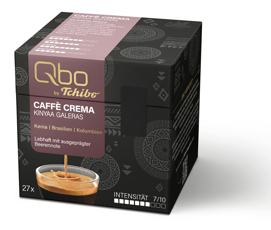 Schwarze Qbo by Tchibo Caffè Crema Kinyaa Galeras Kaffeekapselpackung, 27 Kapseln, Intensität 7/10. Herkunft: Kenia, Brasilien, Kolumbien, mit Beerennote.