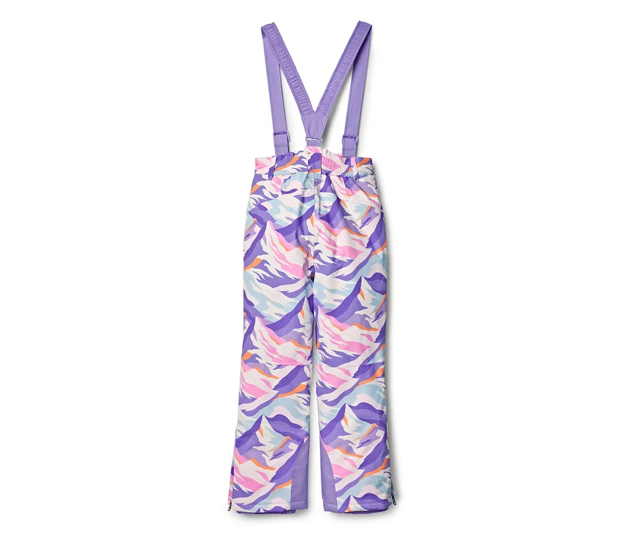 Bunte Skihose mit lila Hosenträgern, mit einem abstrakten Muster aus lila, rosa, blau und orangefarbenen Wellen auf weißem Hintergrund. Die Hose hat einen elastischen Bund und Reißverschlüsse an den Knöcheln.
