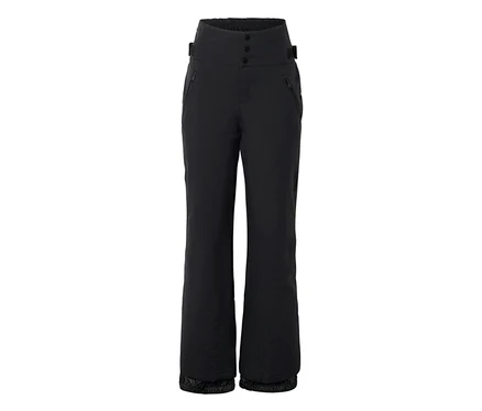 Schwarze, hoch geschnittene Skihose mit drei Knöpfen, zwei Reißverschlusstaschen und elastischen Bündchen.