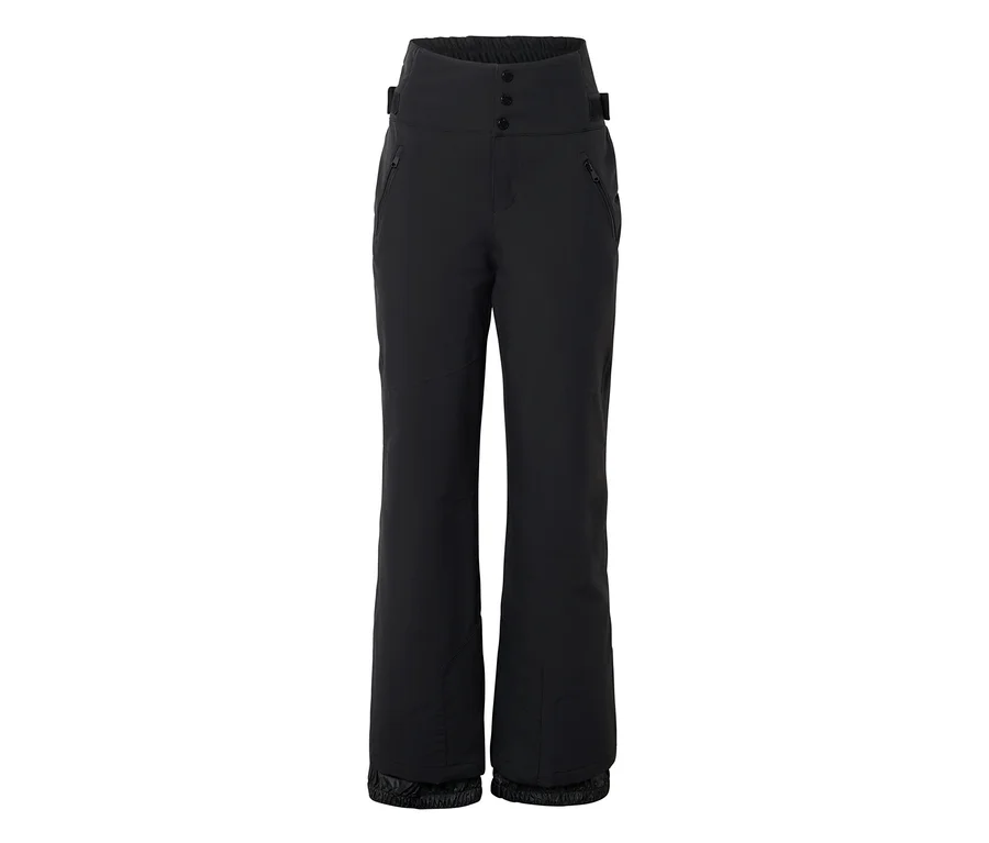 Schwarze, hoch geschnittene Skihose mit drei Knöpfen, zwei Reißverschlusstaschen und elastischen Bündchen.