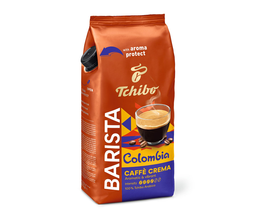 Eine Packung BARISTA Origins Colombia - 1 kg Ganze Bohne Kaffeebohnen mit Aromaschutz und Tchibo Logo ist zu sehen.
