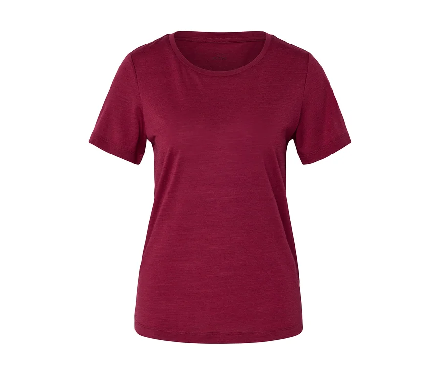 Ein schlichtes, kurzärmeliges T-Shirt mit Rundhalsausschnitt in tiefroter Farbe, auf weißem Hintergrund.