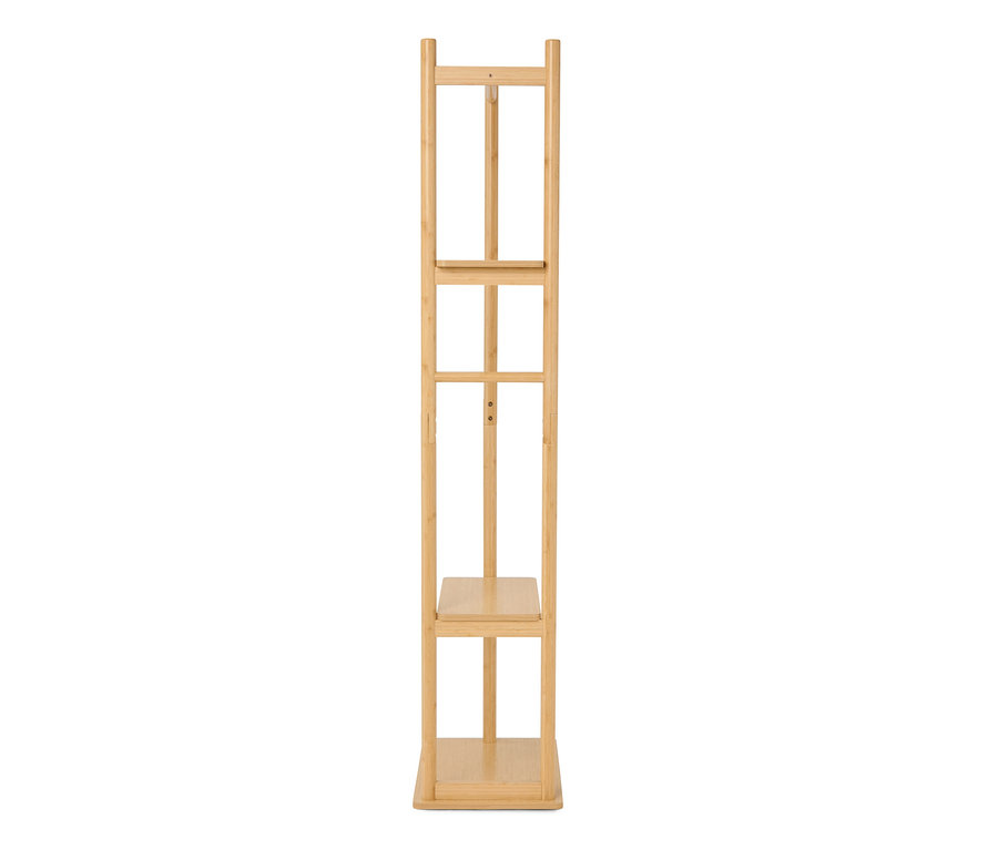 Ein hellbraunes Holzregal mit zwei Regalböden steht vor einem weißen Hintergrund.