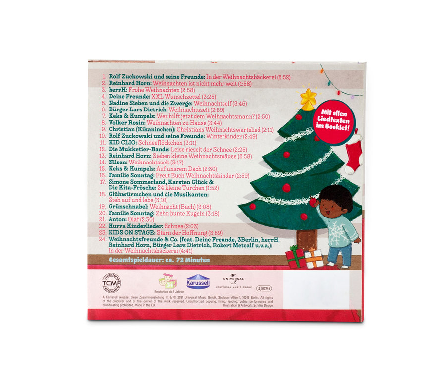 Cover der CD »Fröhliche Weihnachtszeit!« mit einem gezeichneten Jungen an einem Weihnachtsbaum.