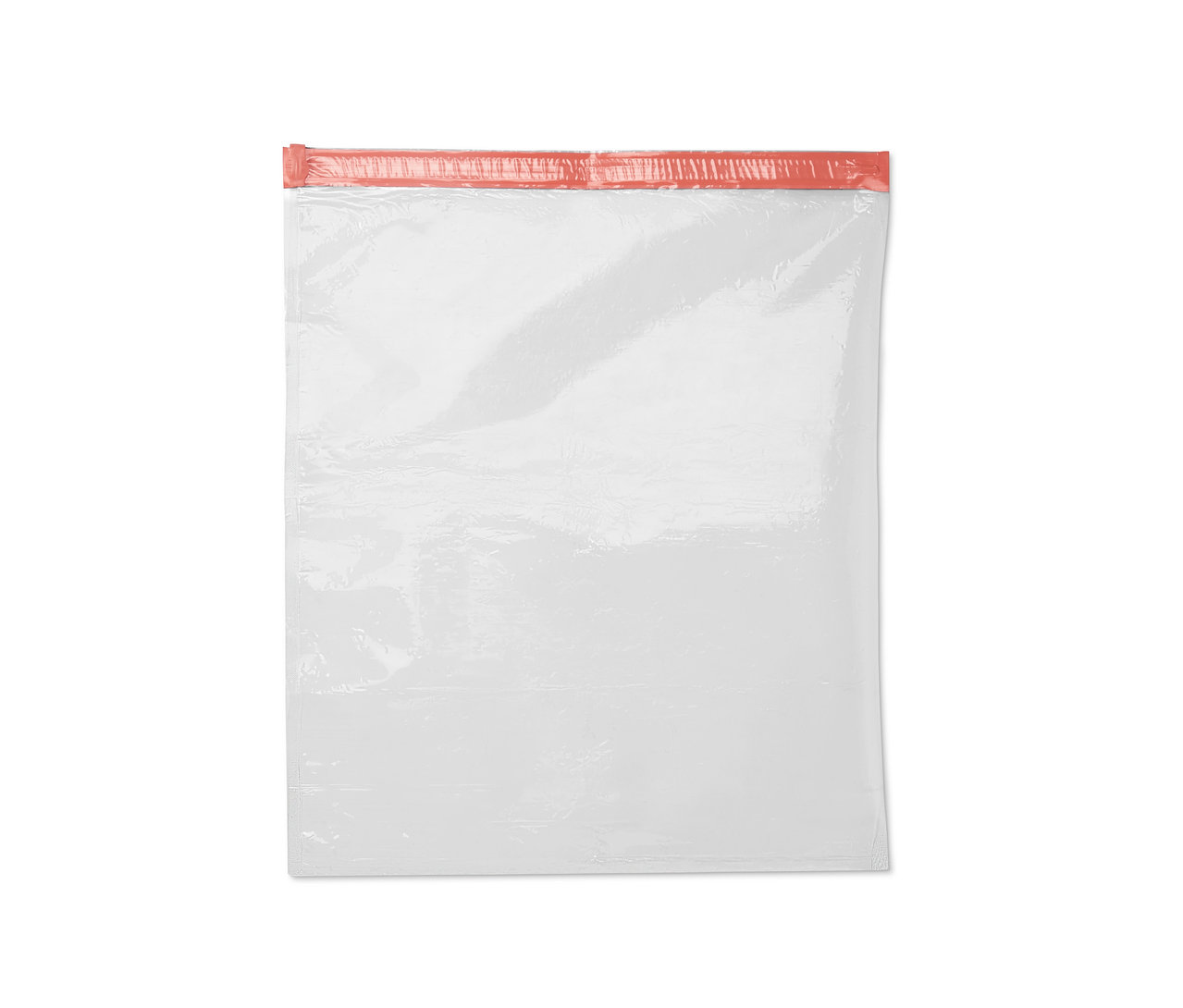 Ein durchsichtiger Vakuum-Reisebeutel mit orangefarbenem Reißverschluss.