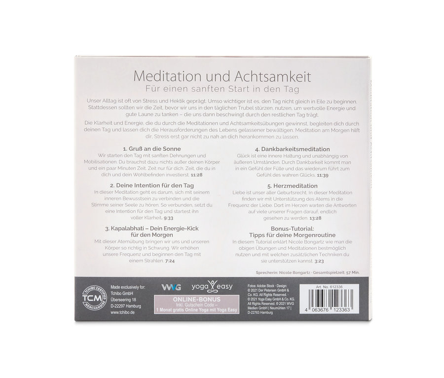 Weiße CD-Verpackung »Meditation und Achtsamkeit« mit Text.