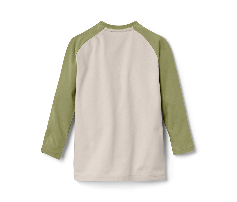 Detailansicht eines Baby-Langarmshirts in Creme und Grün.