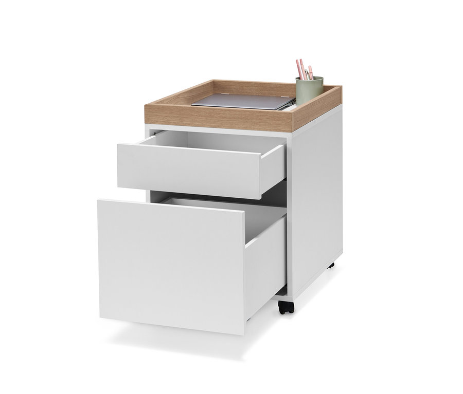 Weißer Rollcontainer mit Ablage und zwei Schubladen, von denen eine geöffnet ist.