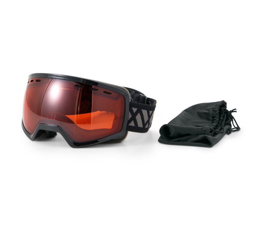 Schneebrille mit roter Linse und schwarzem Brillenbeutel.